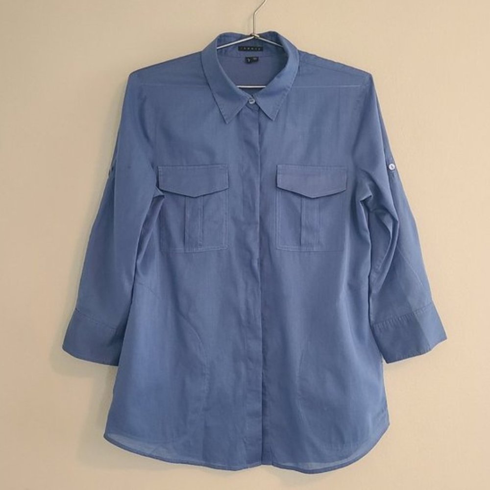 Theory 100% Cotton Blue Button Down 3/4 Sleeve Pocket Shirt Blouse Tunic Top